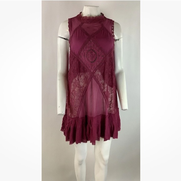 Free People One Sz M 100% Cotton Boho Lace Shift Dress Pullover Open Back - Picture 1 of 6